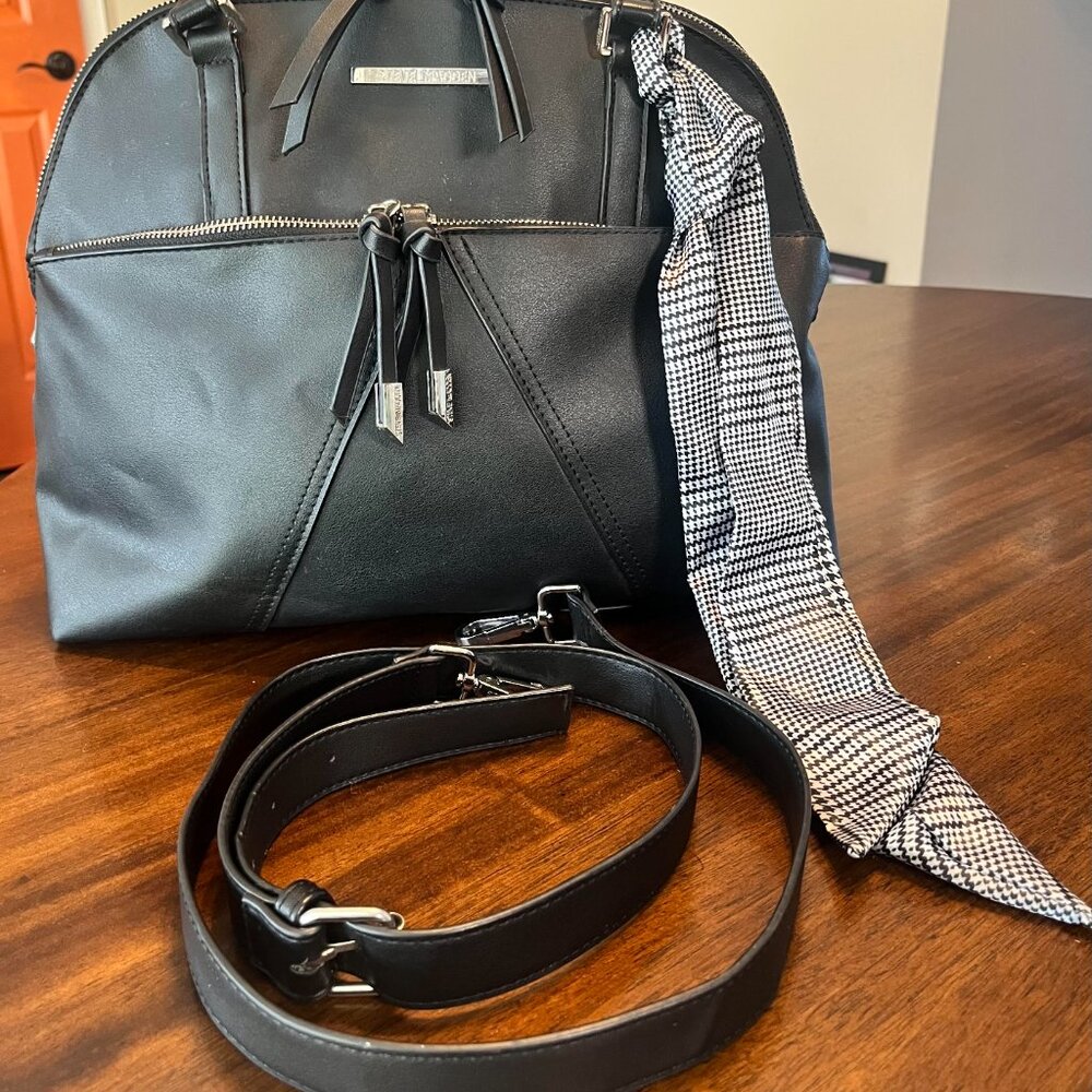 Steve Madden Large Black Leather Tote Purse Crossbody Bag Silver-Toned Accents - Picture 5 of 10